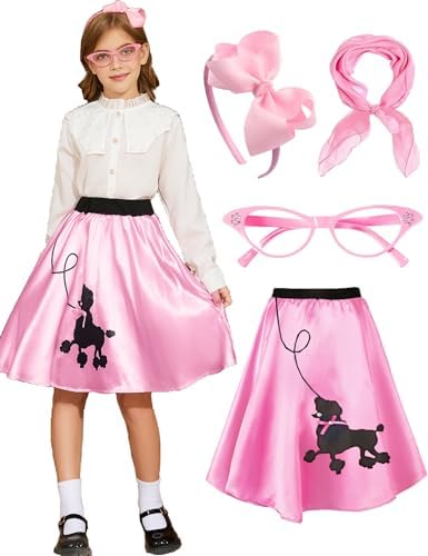 Poodle Skirts for Girls 50s Costume Sock Hop Outfit Kids Accessory Halloween Costume with Headband, Glasses, Scarf