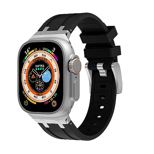 Compatible with Apple Watch Ultra 2 Band Men Sport, Silicone Strap & Stainless Steel Buckle Designed for iPhone Watch, Fit iWatch Bands Ultra Series 9 8 7 6 5 4 3 2 1 SE, 49/45/44/42mm, Silver+Black