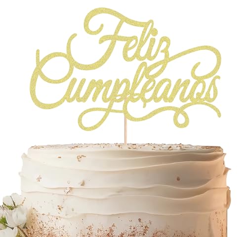 EONNCNT Feliz Cumpleaños Cake Topper - Gold Glitter Spanish Happy Birthday Party Cake Decoration Supplies - Mexico Fiesta Theme Birthday Cake Decor, Photo Booth Props