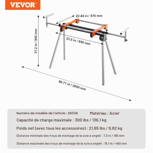 VEVOR Support scie onglet universel 136.1kg pliable acier hauteur réglable. - vue 8