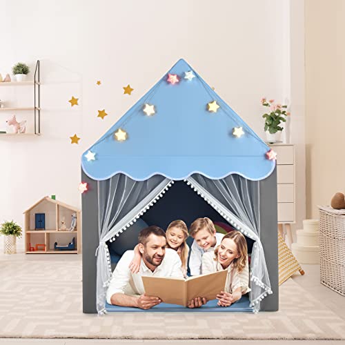 COSTWAY Kids Play Tent Large Playhouse with Washable Mat and Star Lights Blue with Colorful Lights - Image 9