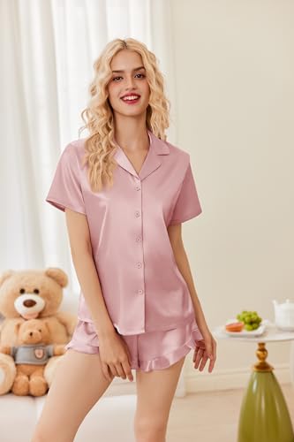 Image of Ekouaer Womens Satin Pajamas Set Button Down 2 Piece Silk Pjs Shorts Set Ruffle Lingerie Notch Collar Sleepwear