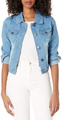 COVER GIRL Women's Jeans Denim Jacket Crop Frayed Distressed Or Dark Basic, Faded Blue, Large
