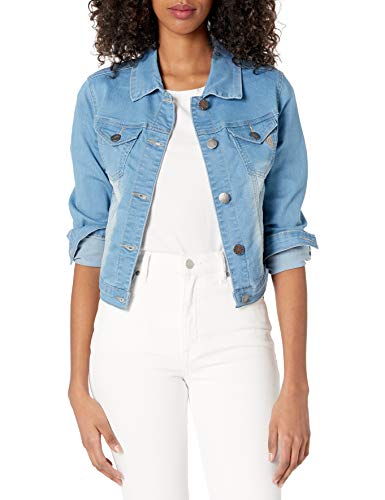 Cover Girl Women's Jeans Denim Jacket Crop Frayed Distressed Or Dark Basic, Faded Blue, Large #TOP3