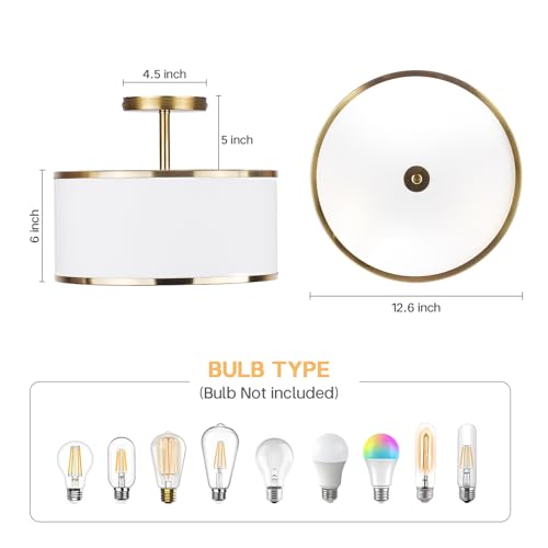 CALOKES Luxury Semi Flush Mount Ceiling Light, 3-Light Drum Lamp with Gold Brass Finish and Fabric Shade, Ideal for Bedroom, Kitchen, Dining Room, Hallway, Entryway, and Foyer, 12.6" by CALOKES - Image 3