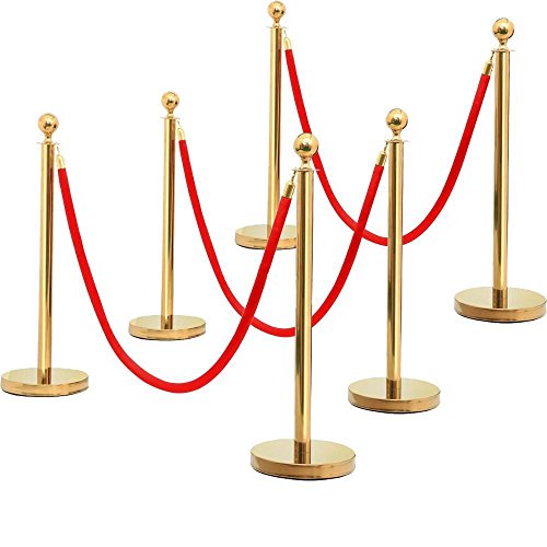 Yaheetech Stanchions and Velvet Ropes Stainless Steel Stanchions Posts Queue Pole Retractable Belt/Ropes Crowd Control Barrie with 6.5 Foot Red Velvet Rope Gold, 6-Pack