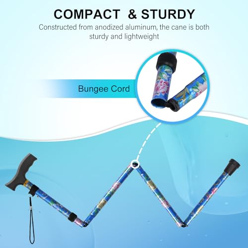 supregear Folding Cane, Lightweight 5-Level Adjustable Walking Stick with Wrist Strap and T-Handle, Portable Mobility Aid for Elderly and Disabled Men and Women, Floral Blue — view 5