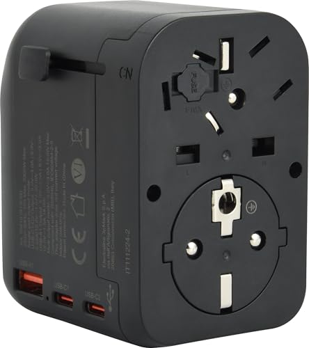 Electraline 70012 Adaptador de viaje universal de Europa (enchufe tipo C, E, F) a Mundo (enchufe tipo B, G, I, F, E) con 3 puertos USB (2 USB-C PD20W y 1 USB A)