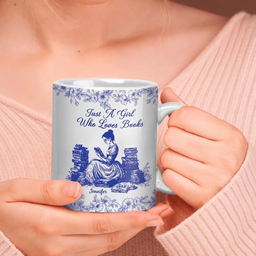 Image of Personalized Books Lover Mug, 11oz 15 oz Ceramic Coffee Cup, Just A Girl Who Loves Reading Books Design, Gift for Women Readers, Christmas (Flowers-Girl)
