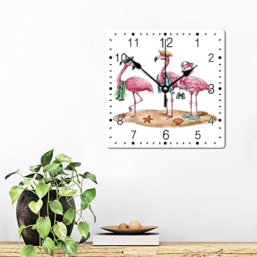 Godblessign Colorful Tropical Flamingo Pink Bird Wall Clock Hawaii Beach Square Clocks Hello Summer Decorative Clocks Battery Operated 10 Inch Tuscan Cabin Wall Home Decor Living Room Decor #TOP2