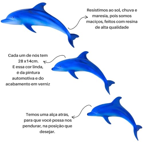 MJ DECOR Trio de Golfinhos Resina Enfeite Decorativo Casa de Praia Parede Piscina 28cm Decoração Áre