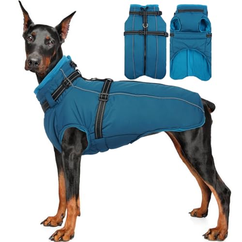 Lelepet Medium Dog Coat With Harness - Warm Waterproof Fleece Jacket, Winter Reflective Vest Snow Suit for Schnauzer Pug - Blue M