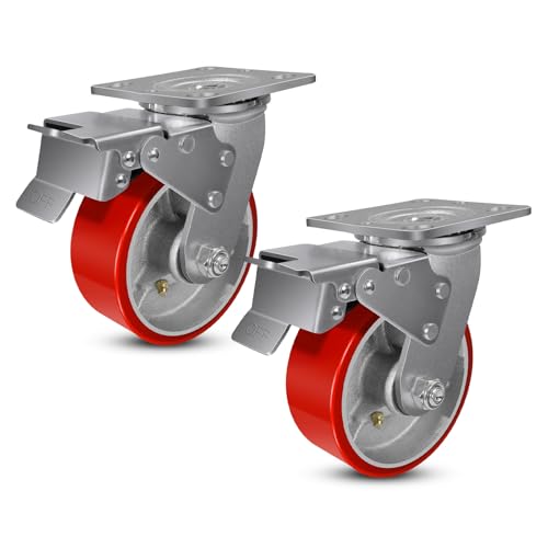 5" Casters, Industrial Heavy Duty Caster Wheels, Swivel Casters with Brake, Each Caster Loads 1000lbs (2 Total Lock Brake)