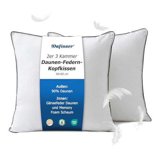 Dafinner 2er 3-Kammer-Daunenkissen 60 × 60 cm┃ 90% Daunen Außenkammer┃ Feder-Mischung Innenkammer ┃Oeko-TEX ┃Downpass ┃ Mittlere Unterstützung│Bio-Baumwoll
