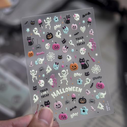 Image of Halloween Nail Stickers Decals Pastel Ghost Skeleton Pumpkin Nail Decals | Cat Spider Nail Decals Glow In The Dark Designs 5D Embossed Self-Adhesive Nail Charms Cute Spooky Style for Holiday Manicure