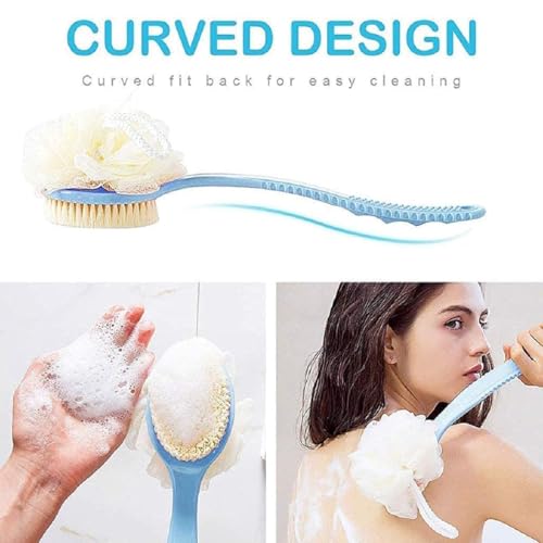 Image of 2-in-1 Loofah & Bristle Bath Brush - Curved Back Scrubber with Long Handle for Body Cleaning (Multicolour Mix)