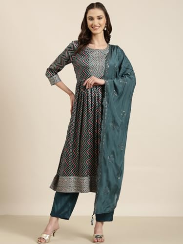 Image of SHOWOFFFF Women Printed Three-Piece A-Line Ethnic Kurta Set | Round Neck 3 /4th Sleeves Satin Kurta Set's for Womens | Mid-Rise Lime Regular Fit Calf Length Kurta Set for Women's