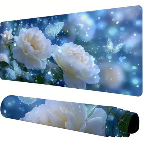 Niebieska podkładka pod mysz XXL 800 x 300 x 3 mm kwiat pod ręką akcesoria biurowe antypoślizgowa gumowa podstawa i szyte krawędzie podkładka pod mysz dla graczy do biura deco, prezenty dla mężczyzn