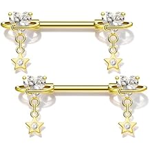 OUFER G23 Titanium Gold Nipple Piercing Jewelry, Sparkling Heart CZ with Star Silver Nipple Rings for Women on Beach or Party