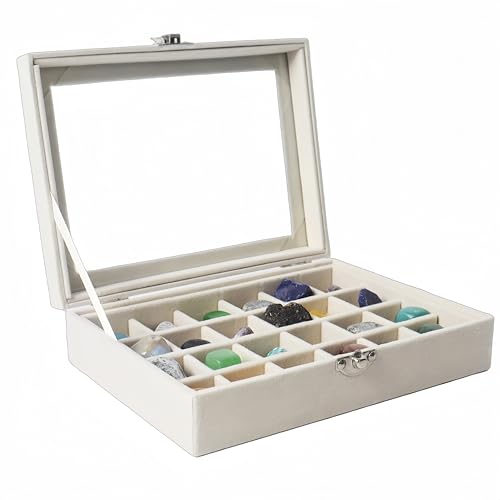 Dmnnlp Vitrina de 24 rejillas, caja de colección de rocas de terciopelo con tapa transparente de cristal, caja de exhibición de almacenamiento para pequeños anillos de piedras preciosas de cristal