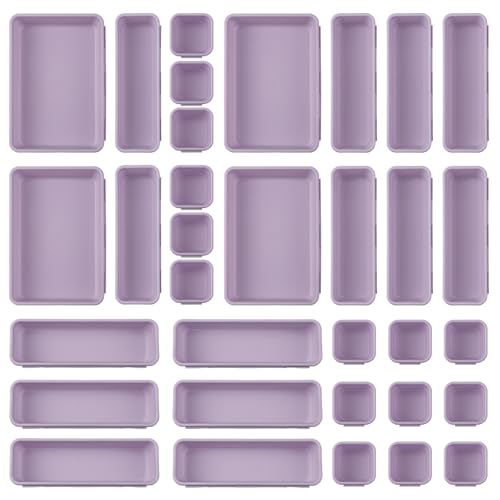 32 Pcs Desk Drawer Organizer Office Organization Tray Versatile Vanity Organizer with Nonslip Pads Makeup for Divider Drawer Storage Box Container for Kitchen Bedroom(Purple)
