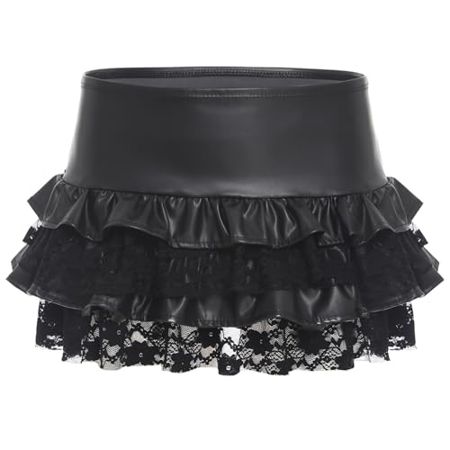 Linjinx Women's Faux Leather Y2k Mini Skirt with Layered Ruffle Hem Lace Patchwork Punk Skirt3