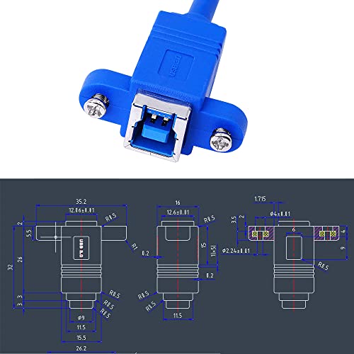 SinLoon USB B Printer Extension Cable 90 Degree Angled Printer Cable USB 3.0 Type B Male to Female Cable with Panel Mount Screw Holes for Hard Drive Scanner Printer (Blue) - Image 2