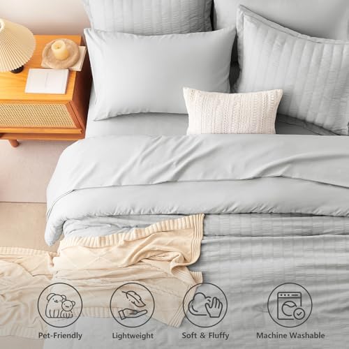 Image of CozyLux Queen Comforter Set Light Grey, 7 Pieces Seersucker Textured Luxury Bed in a Bag, Light Gray All Seasons Bedroom Bedding Sets with Down Alternative Comforter, Sheets, Pillowcases & Shams