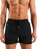 TUVEKE Black Men's Swim Trunks with Zipper Pockets 5 Inch Quick Dry Mens Bathing Suits Slim Fit Beach Shorts M