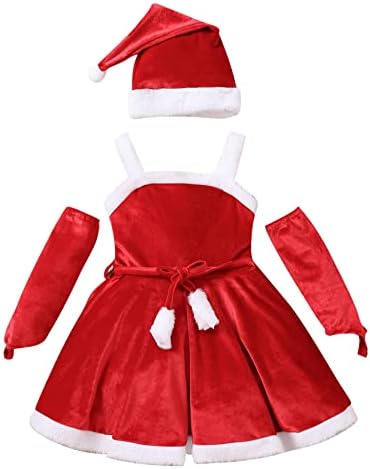inlzdz Kids Girls Christmas Mrs. Claus Dress Holiday Party Elf Costume Velvet Long Sleeve Clown Collar Pom Pom Trim Dance Dress Red E 6-12 Months