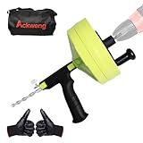 Drain Snake 50 Ft, Plumbing Snake for Sink with Drill Attachment, Snake Drain Clog Remover for Shower Drain and Sink, Manual or Powered Use, Comes with Gloves and Storage Bag, 1/4 Inch, Light Green