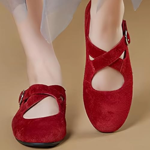 Chic Mary Jane Flats for Women Crisscross Strap Metal Buckle Rounded-Toe Genuine Leather Casual Shoes4