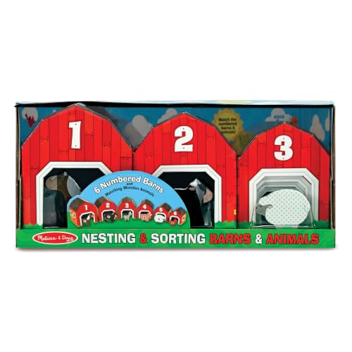 Image of Melissa & Doug Nesting and Sorting Barns and Animals with 6 Numbered Barns and Matching Wooden Animals