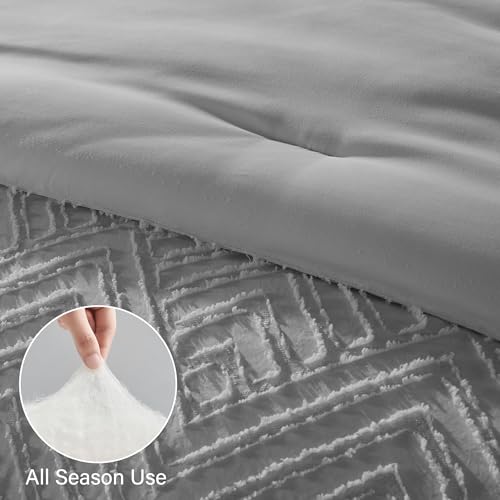 Image of Zzlpp King Comforter Set 7 Pieces, Light Grey Tufted Bed in a Bag with Comforter and Sheets, All Season Boho Bedding Sets with Comforter, 2 Pillow Shams, 2 Pillowcases, 1 Flat Sheet, 1 Fitted Sheet