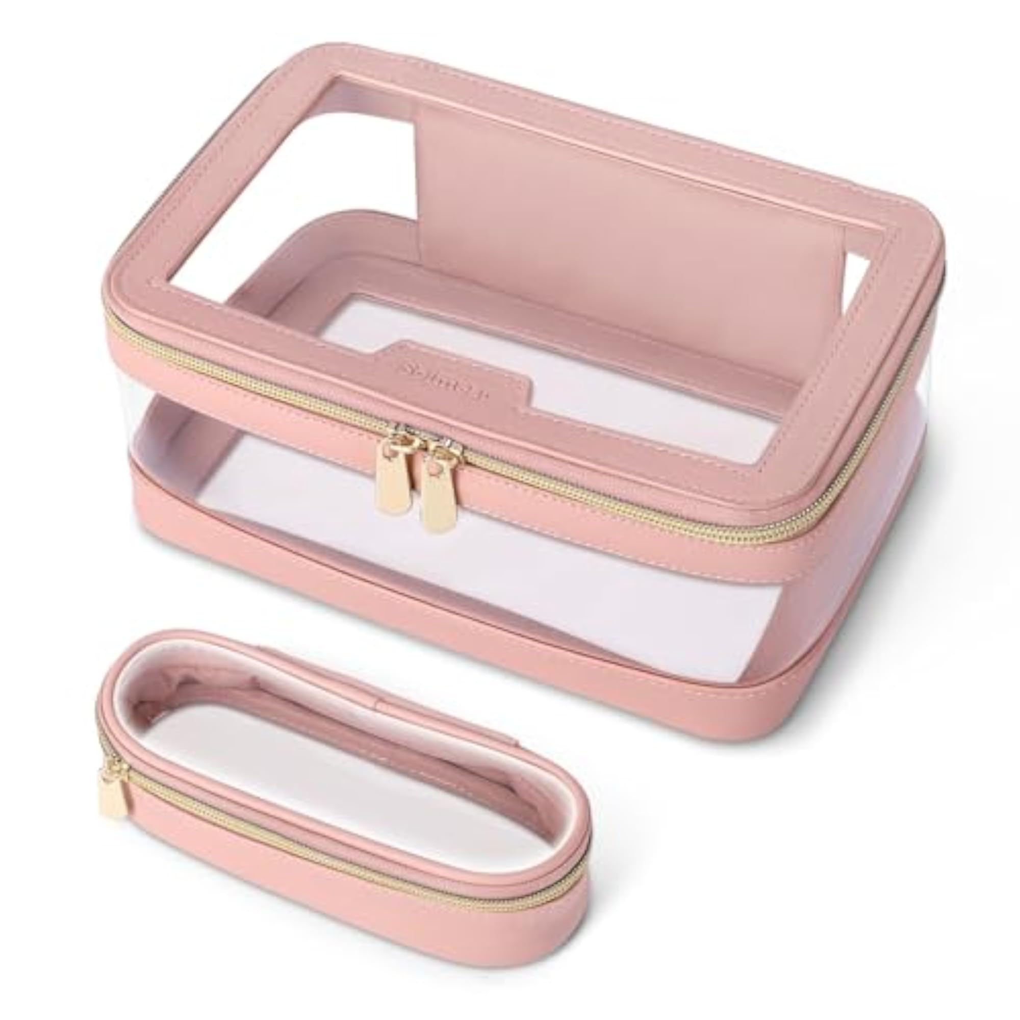 Travel Clear Makeup Bag with Brush Holder, Leather Case
