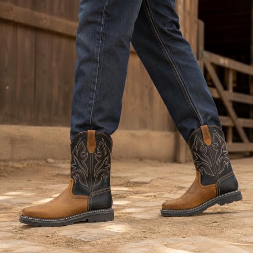 Image of SUREWAY Western Boots - Men's Square Toe Work Boot,Pull On Leather Wellington Boots,Durable Classic Slip Resistant Soft Toe Cowboy Boot