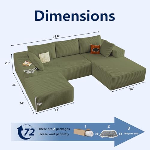 Image of 96 inch Modular Sectional Sofa with Ottoman, Modern Corduroy Cloud Couch with Deep Seat, Boneless Couch Upholstered 3-Seater U-Shaped Sofa for Living Room, No Assembly (Green, Right-Facing Chaise)