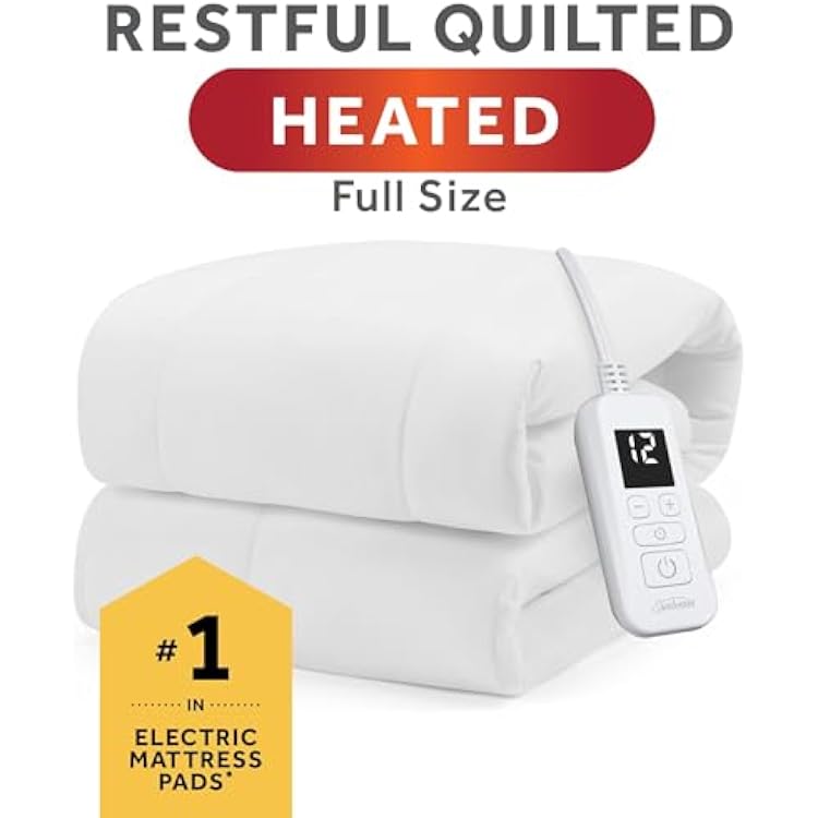 Sunbeam Electric Restful Quilted Heated Mattress Pad Full 75 x 54 12 Heat Settings 12-Hour Auto Shut-Off Extra-Cozy Fabric Deep Pocket Fit Machine Washable