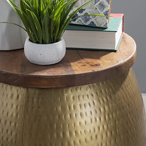 Powell Brass Drum Side Table With Storage Beneath The Wood Top Janice #TOP3