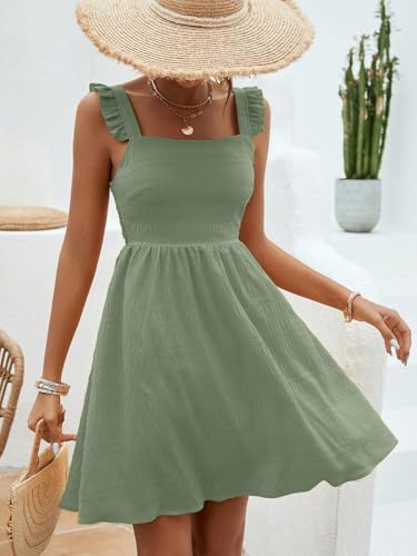 Image of SISKIN Women's Summer Spaghetti Strap Sleeveless Square Neck Ruffle A Line Swing Mini Dress 2025