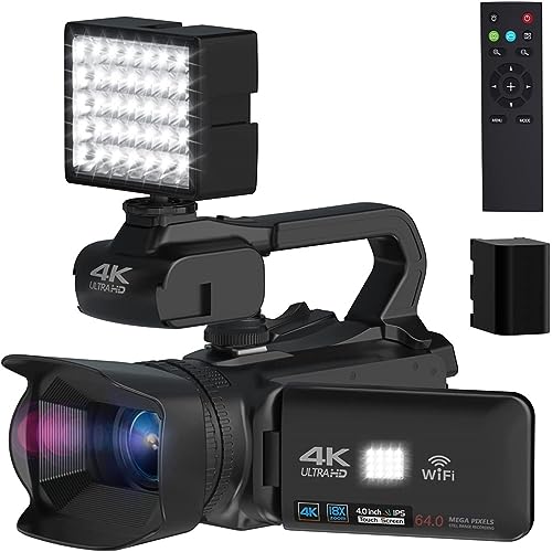 vlog カメラ オートフォーカス 4K ビデオカメラ 18X ズーム 64MP デジタルビデオカメラ WIFI ストリーミングウェブカメラタイムラプス 4 "タッチスクリーンレコーダー(64G SD Card,With Fill Light)