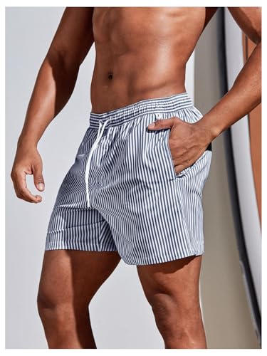 OYOANGLE Men's Striped Print Drawstring Elastic Waist Swim Trunks Beach Swim Shorts with Pockets3