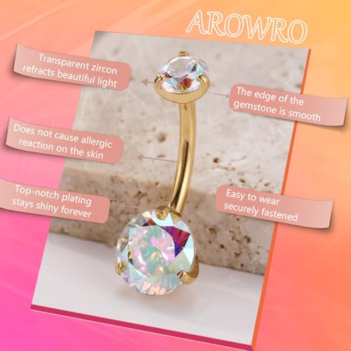 AROWRO G23 Titanium Belly Button Ring 14G Barbell Jewelry 10mm Navel Piercing With Round Cubic Zirconia2