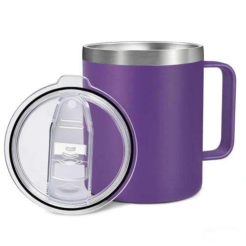 Byitin 360ml Insulated Flask & Thermal Cup – Leak-Resistant Stainless Steel Travel Mug, Double Wall Coffee Cup with Handle & Lid, Reusable Tumbler for Work, Commuting, Camping & Travel (Purple)