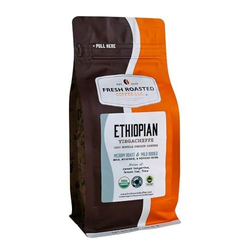 Fresh Roasted Coffee, Ethiopian Organic Yirgacheffe 12oz Medium Roasted Mould and Mycotoxin Tested Fair Trade Kosher Ground