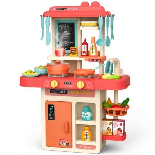 Image of Kids Kitchen Set with Pretend Play Accessories, Water Spray Cooking Effect, Toy Oven, Sink, Storage Shelves & Kitchen Utensils, Role Play Cooking Toy for Boys & Girls (42 Pcs)