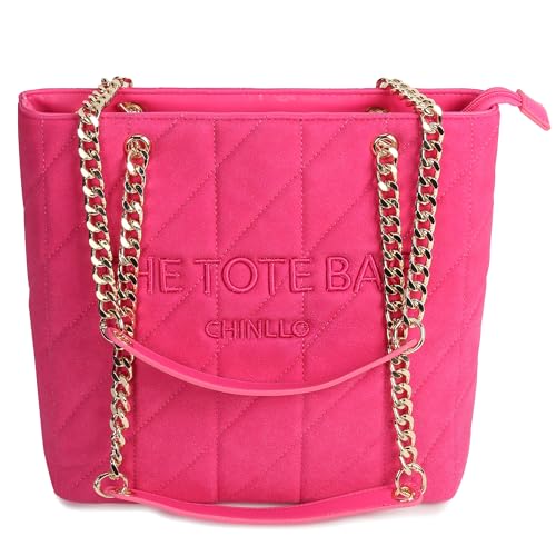 Chinllo Tote Bag for Women, Medium Suede Quilted Top Handle Chains Handbags Purse (Es.Fuchsia)