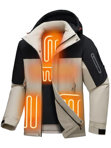 Jsslaik Men's Performance Insulated Jacket with 4D Smart Heating Windproof Waterproof Ski Mountaineering Coat Lightweight 1800g Fill and Graphene Lining Detachable Hood USB Heated （Black Apricot-L）