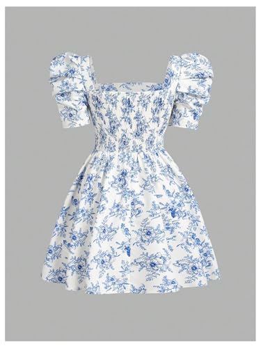 Floerns Girl's Floral Puff Sleeve A Line Dress Square Neck Ruched Boho Mini Dress2