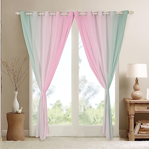 Pink and Green Darkening Drapes Gradient Style Curtains for Bedroom Living Room For Kids Women Men Ombre 30%-50% Blackout Curtains Geometric Window Treatments W46*L72 - Image 4
